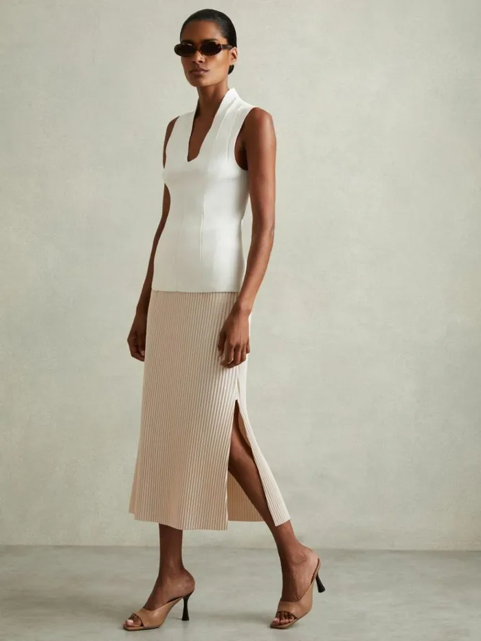 REISS Skirts Women Pleated Jersey Midi Skirt Stone