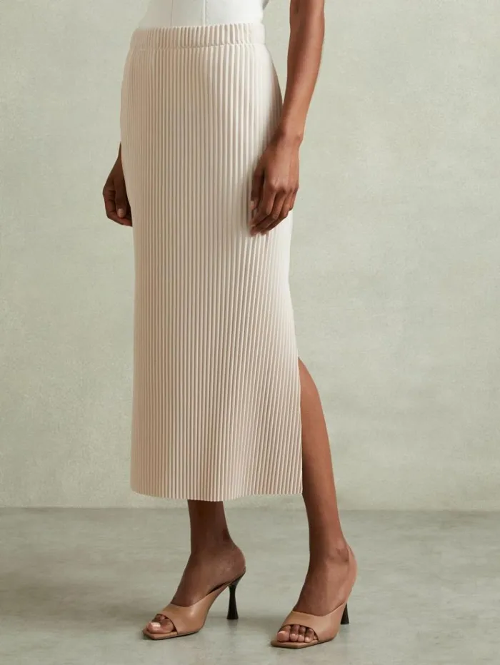 REISS Skirts Women Pleated Jersey Midi Skirt Stone