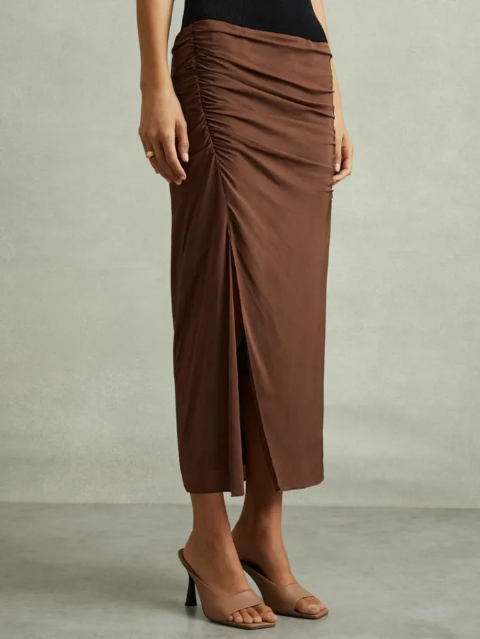 REISS Skirts Women Ruched Front Split Midi Skirt Chocolate