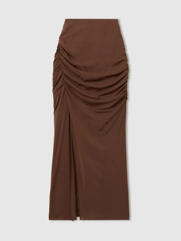 REISS Skirts Women Ruched Front Split Midi Skirt Chocolate