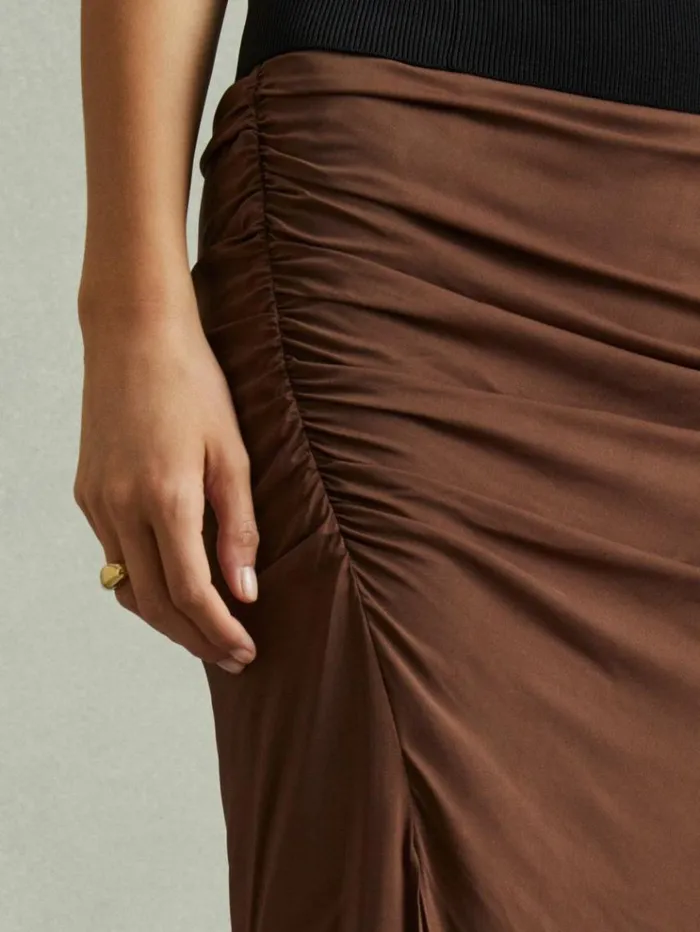 REISS Skirts Women Ruched Front Split Midi Skirt Chocolate
