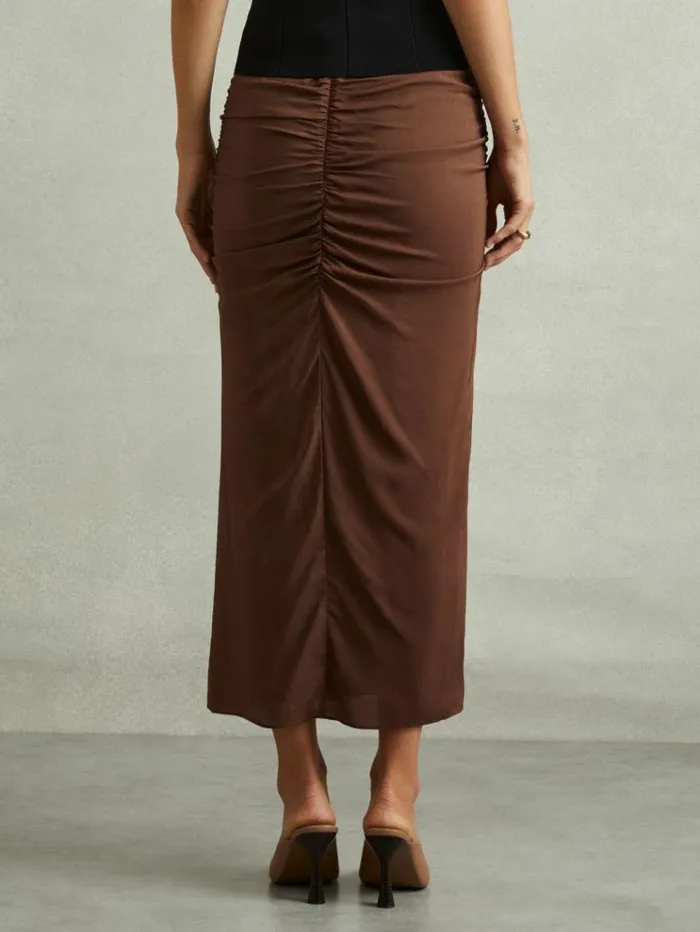 REISS Skirts Women Ruched Front Split Midi Skirt Chocolate