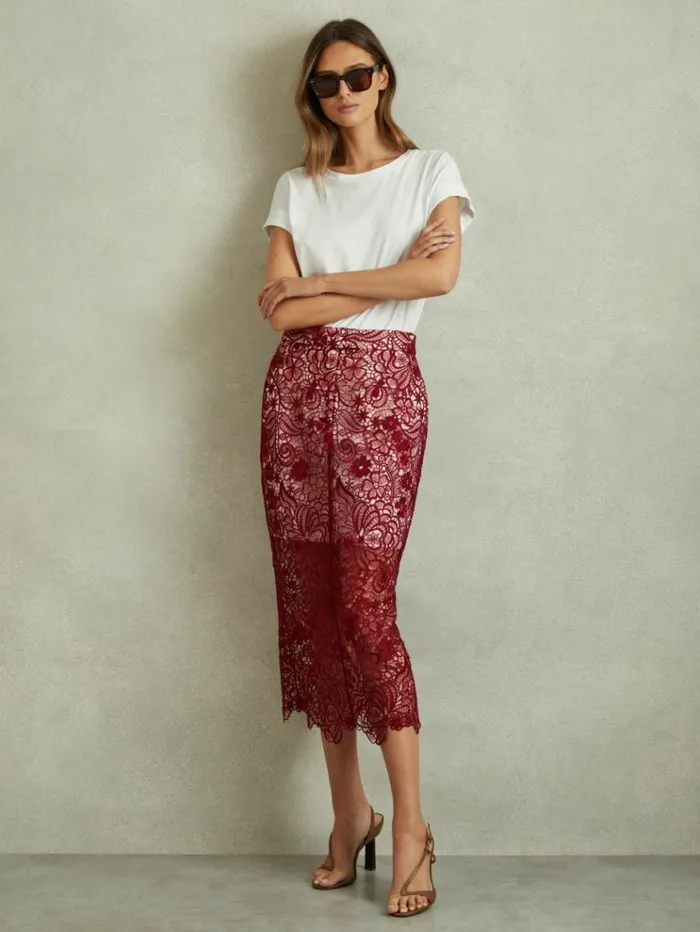 REISS Skirts Women Sheer Lace Midi Pencil Skirt Burgundy