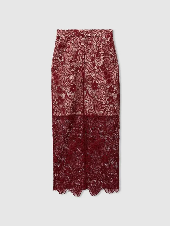 REISS Skirts Women Sheer Lace Midi Pencil Skirt Burgundy