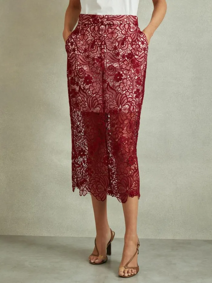 REISS Skirts Women Sheer Lace Midi Pencil Skirt Burgundy