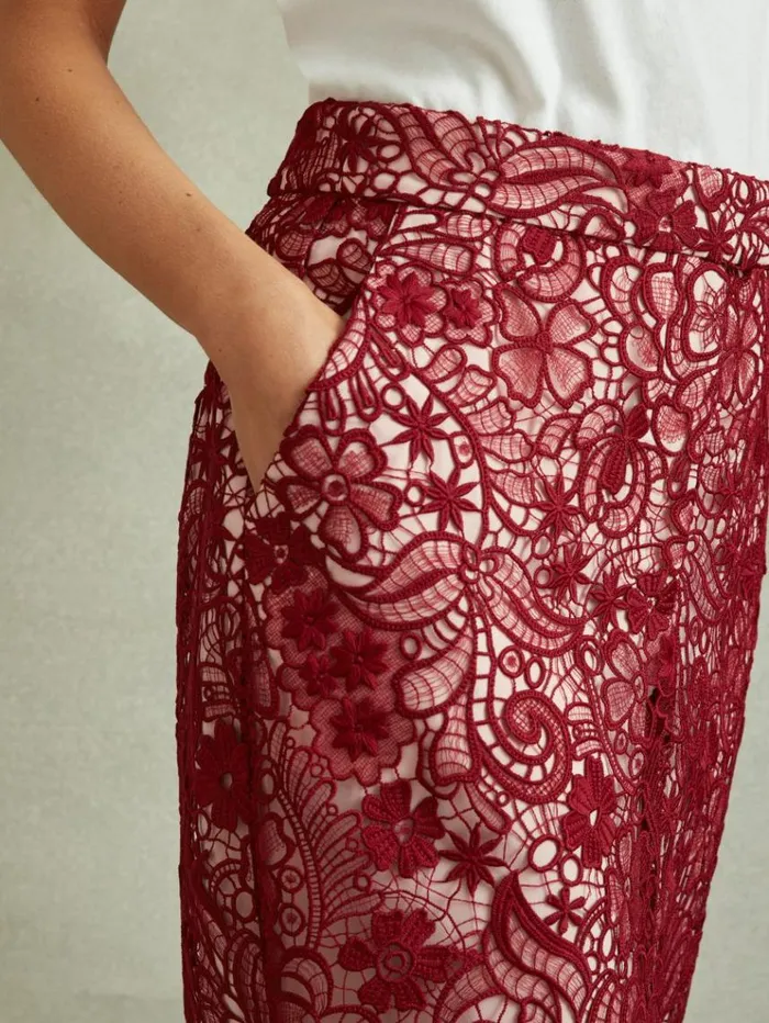 REISS Skirts Women Sheer Lace Midi Pencil Skirt Burgundy
