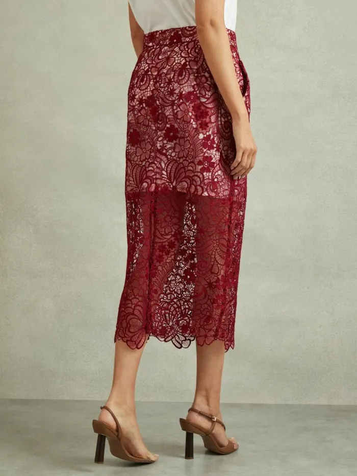 REISS Skirts Women Sheer Lace Midi Pencil Skirt Burgundy