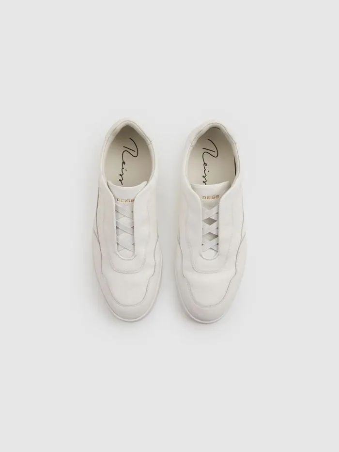 REISS Sneakers Men Grained Leather Elasticated Lace Trainers White