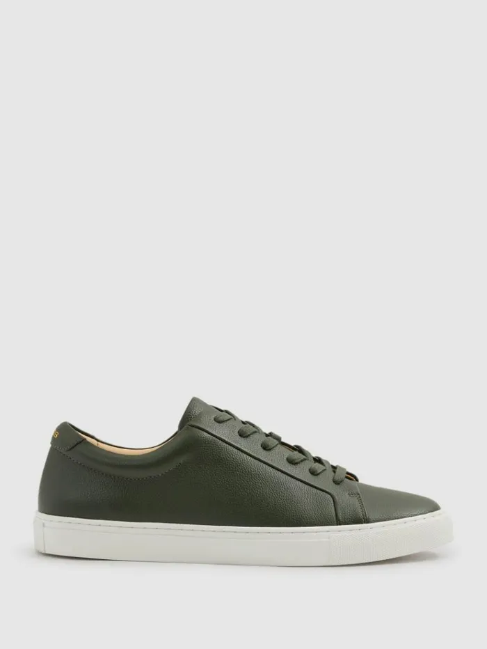 REISS Sneakers Men Grained Leather Trainers Forest Green
