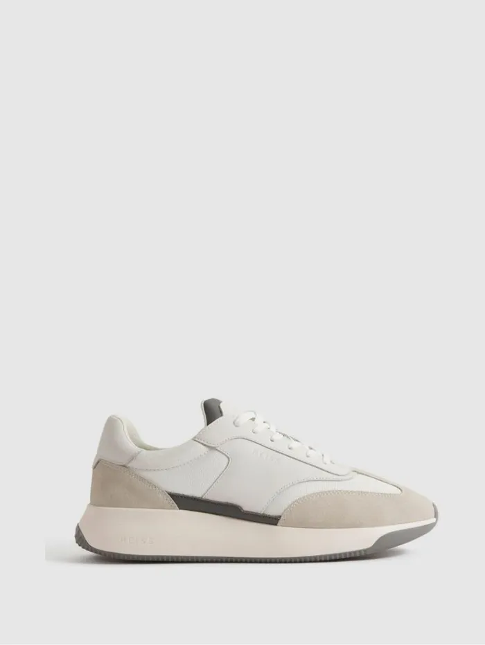REISS Sneakers Men Leather Suede Running Trainers Off White