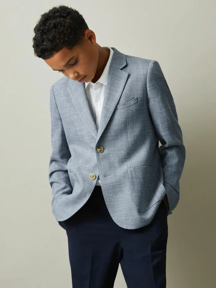 REISS Suits and Tailoring Children Slub Check Single Breasted Blazer Soft Blue REISS Suits and Tailoring Children Slub Check Single Breasted Blazer Soft Blue
