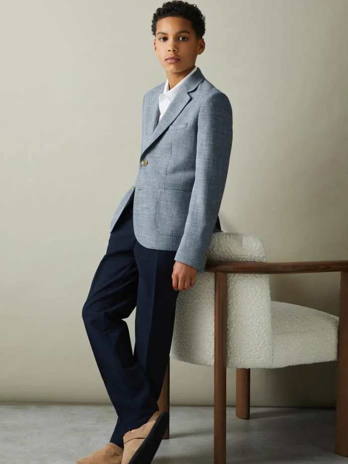 REISS Suits and Tailoring Children Slub Check Single Breasted Blazer Soft Blue