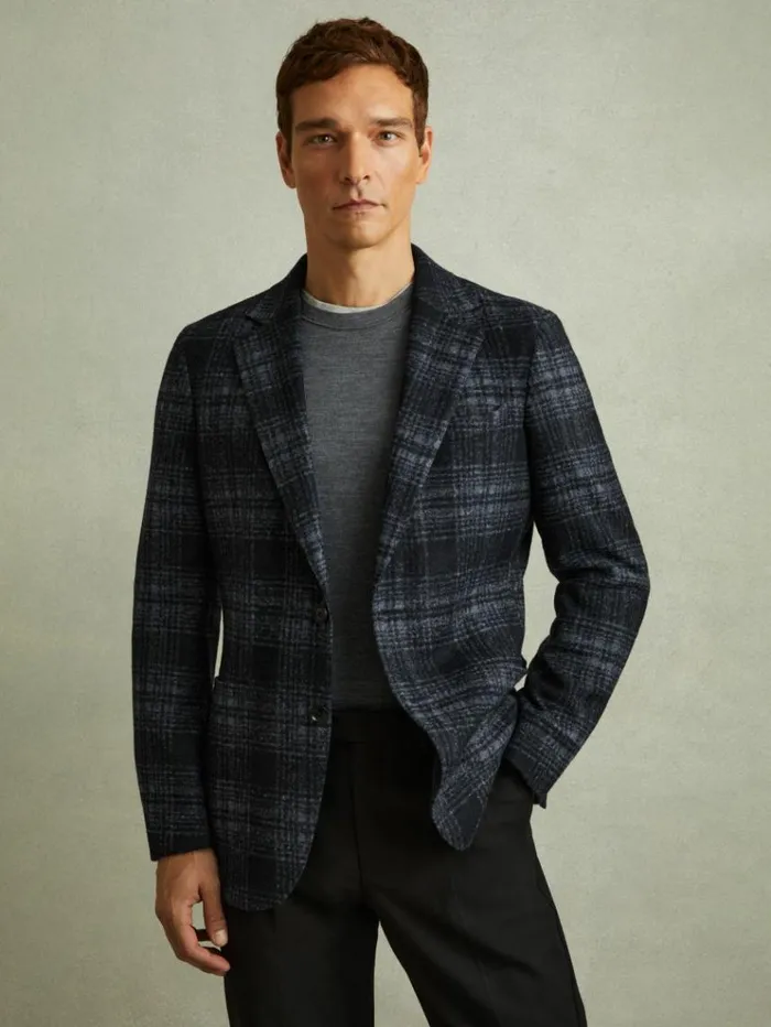 REISS Suits and Tailoring Men Single Breasted Checked Blazer With Wool Navy