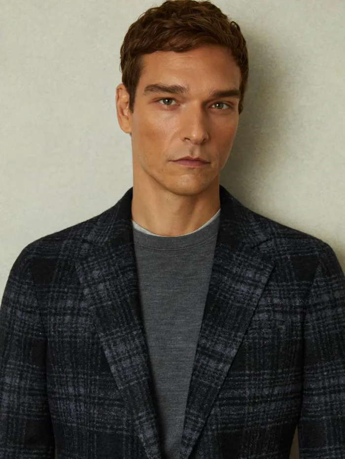 REISS Suits and Tailoring Men Single Breasted Checked Blazer With Wool Navy