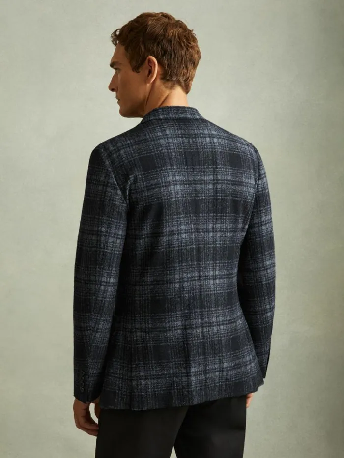 REISS Suits and Tailoring Men Single Breasted Checked Blazer With Wool Navy