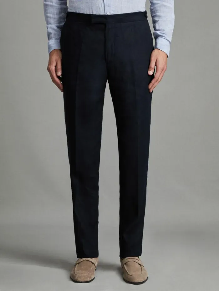 REISS Suits and Tailoring Men Slim Fit Linen Adjuster Trousers Navy