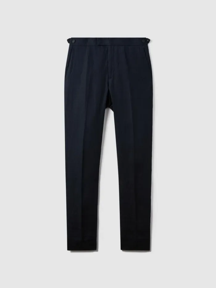 REISS Suits and Tailoring Men Slim Fit Linen Adjuster Trousers Navy