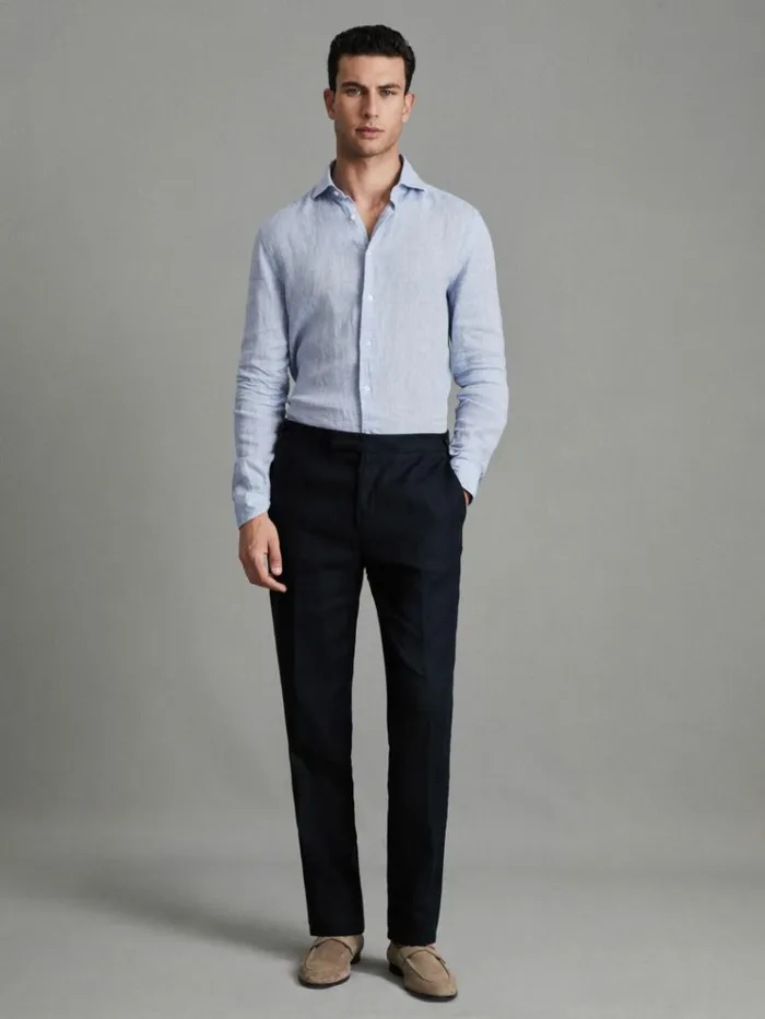 REISS Suits and Tailoring Men Slim Fit Linen Adjuster Trousers Navy