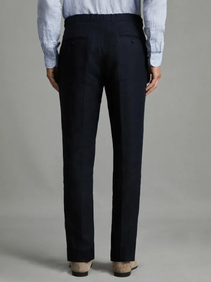 REISS Suits and Tailoring Men Slim Fit Linen Adjuster Trousers Navy