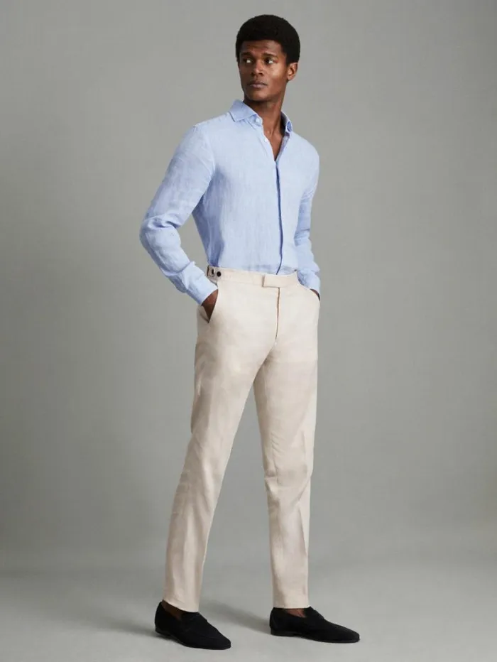 REISS Suits and Tailoring Men Slim Fit Linen Adjuster Trousers Stone