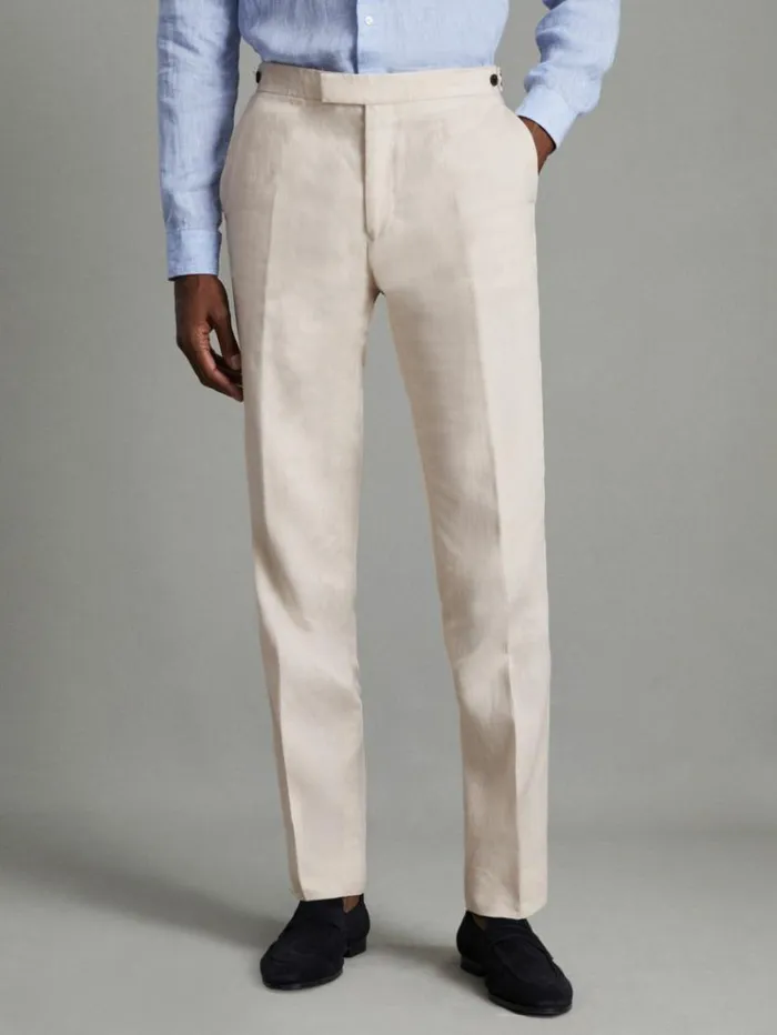 REISS Suits and Tailoring Men Slim Fit Linen Adjuster Trousers Stone