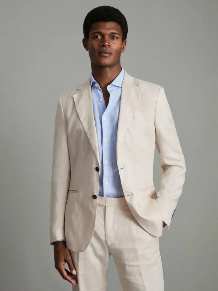 REISS Suits and Tailoring Men Slim Fit Single Breasted Linen Blazer Stone