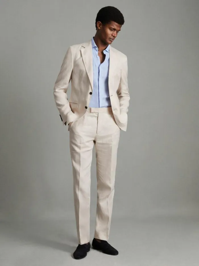 REISS Suits and Tailoring Men Slim Fit Single Breasted Linen Blazer Stone