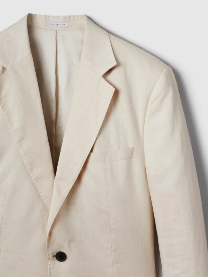 REISS Suits and Tailoring Men Slim Fit Single Breasted Linen Blazer Stone