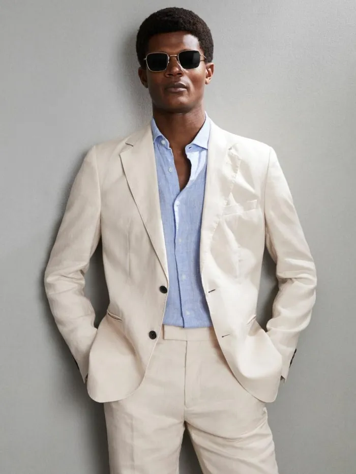 REISS Suits and Tailoring Men Slim Fit Single Breasted Linen Blazer Stone
