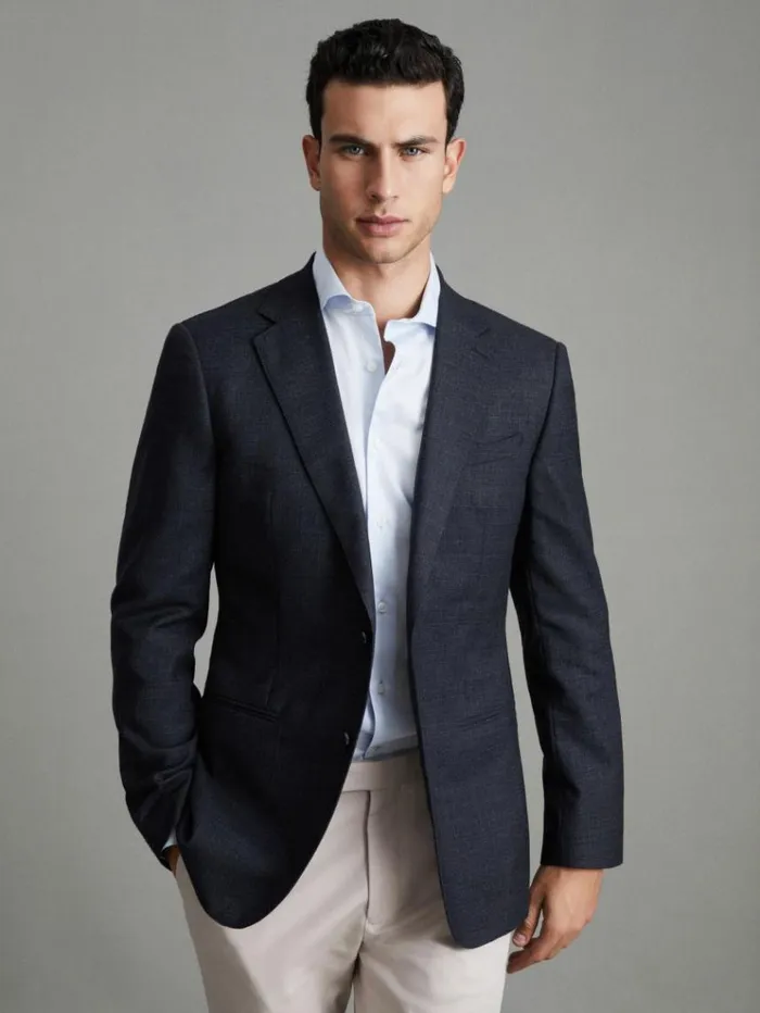 REISS Suits and Tailoring Men Slim Fit Wool Textured Single Breasted Blazer Navy REISS Suits and Tailoring Men Slim Fit Wool Textured Single Breasted Blazer Navy
