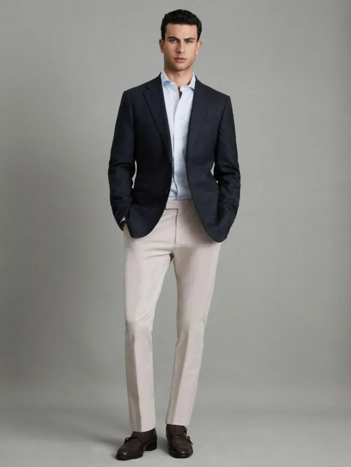REISS Suits and Tailoring Men Slim Fit Wool Textured Single Breasted Blazer Navy
