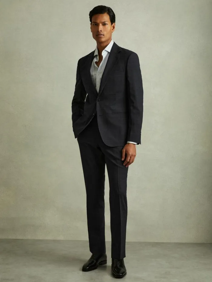 REISS Suits and Tailoring Men Wool Blend Prince Of Wales Check Trousers Navy