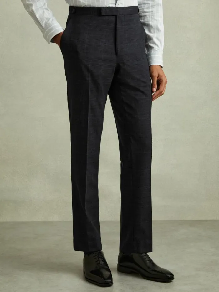 REISS Suits and Tailoring Men Wool Blend Prince Of Wales Check Trousers Navy