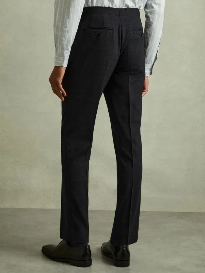 REISS Suits and Tailoring Men Wool Blend Prince Of Wales Check Trousers Navy