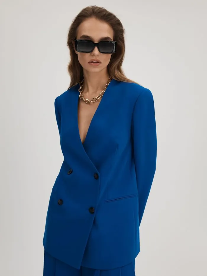 REISS Suits and Tailoring Women Florere Collarless Double Breasted Blazer Bright Blue REISS Suits and Tailoring Women Florere Collarless Double Breasted Blazer Bright Blue