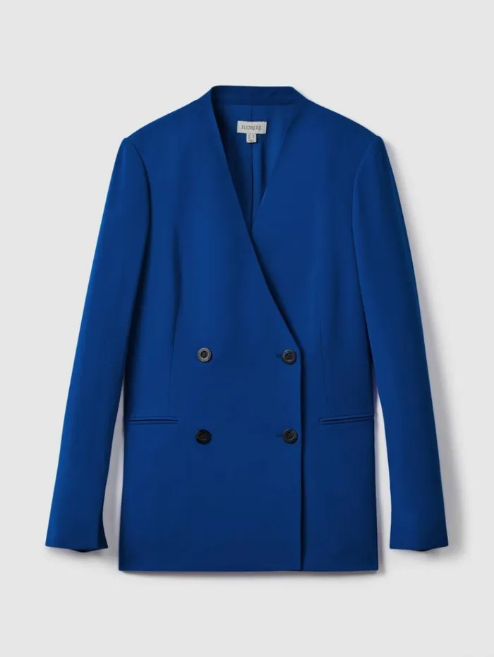 REISS Suits and Tailoring Women Florere Collarless Double Breasted Blazer Bright Blue
