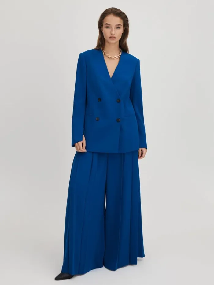 REISS Suits and Tailoring Women Florere Collarless Double Breasted Blazer Bright Blue
