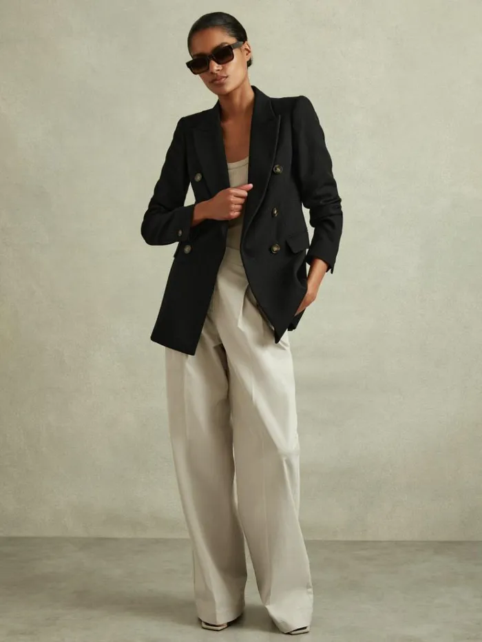 REISS Suits and Tailoring Women Tailored Textured Wool Blend Double Breasted Blazer Black REISS Suits and Tailoring Women Tailored Textured Wool Blend Double Breasted Blazer Black