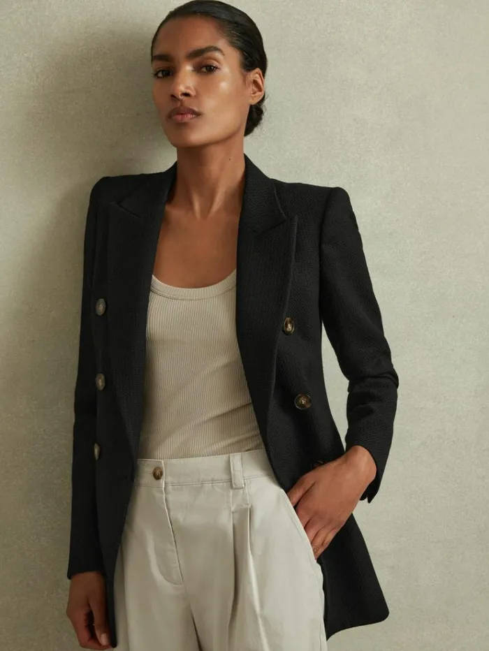 REISS Suits and Tailoring Women Tailored Textured Wool Blend Double Breasted Blazer Black