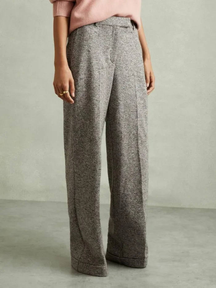 REISS Suits and Tailoring Women Textured Wool Blend Wide Leg Suit Trousers Grey