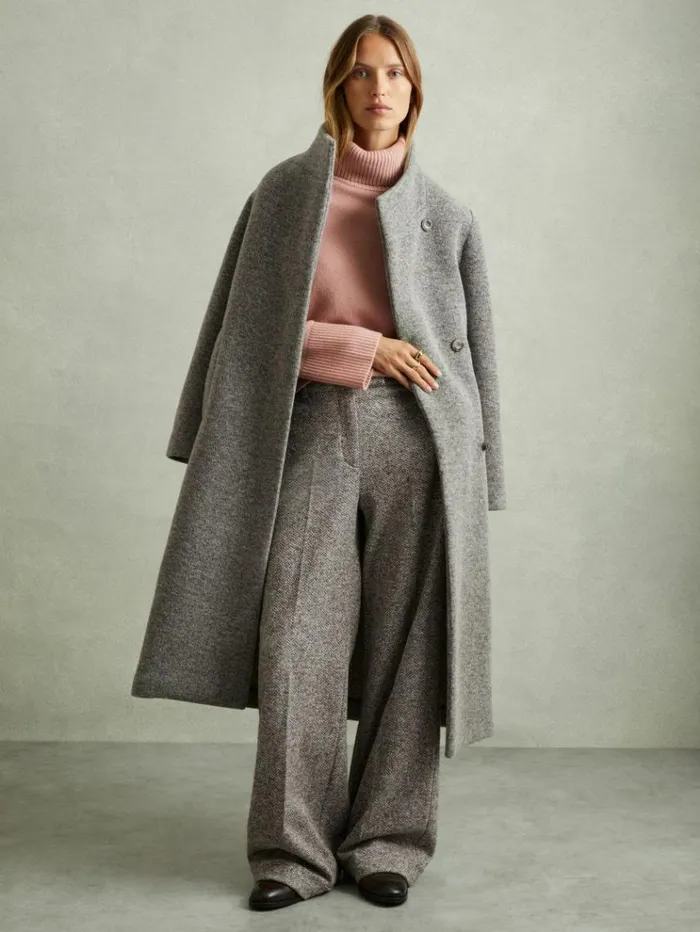 REISS Suits and Tailoring Women Textured Wool Blend Wide Leg Suit Trousers Grey
