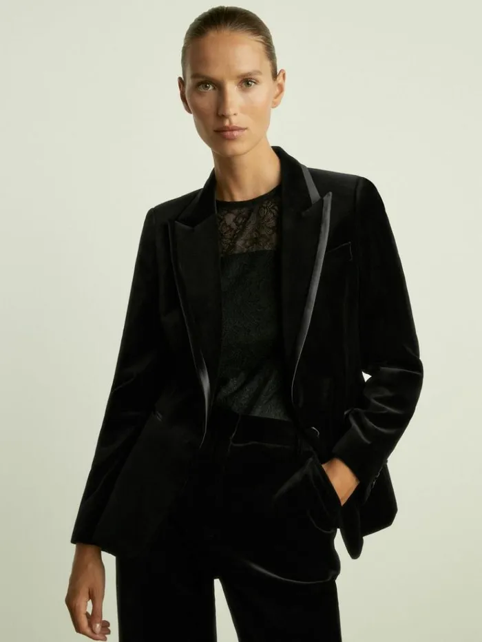 REISS Suits and Tailoring Women Velvet Single Breasted Suit Blazer Black