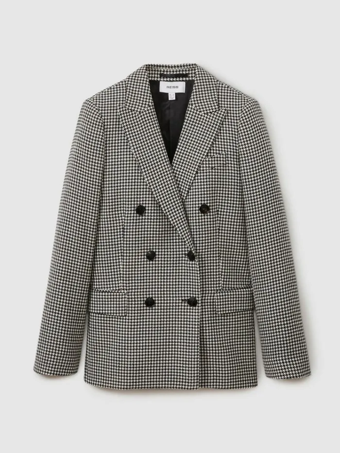 REISS Suits and Tailoring Women Wool Dogtooth Double Breasted Blazer Blackwhite