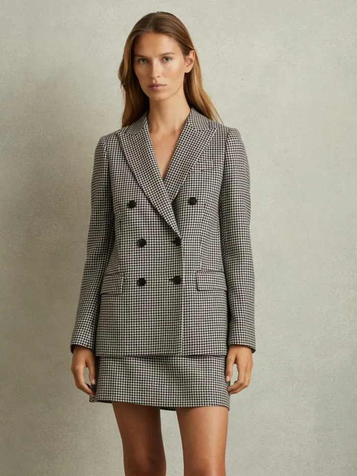 REISS Suits and Tailoring Women Wool Dogtooth Double Breasted Blazer Blackwhite