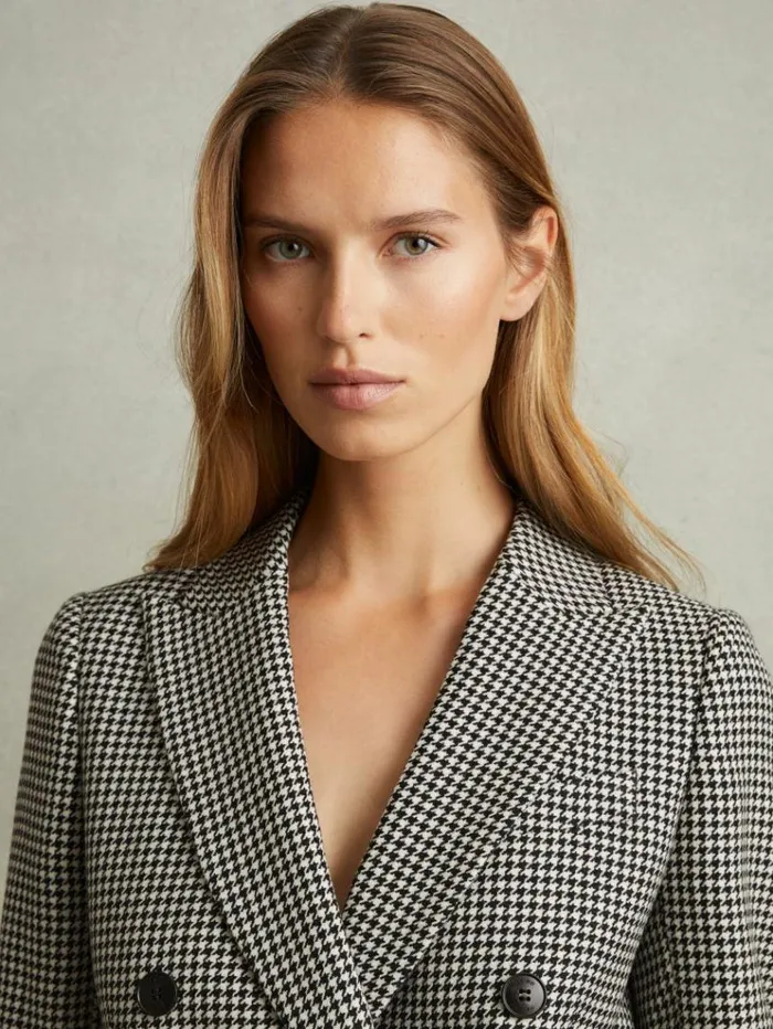 REISS Suits and Tailoring Women Wool Dogtooth Double Breasted Blazer Blackwhite