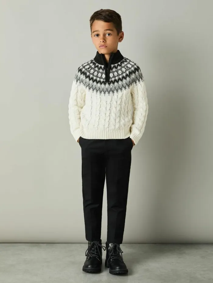 REISS Sweaters Children FairIsle Cabled Jumper With Cotton And Wool Whitegreyblack