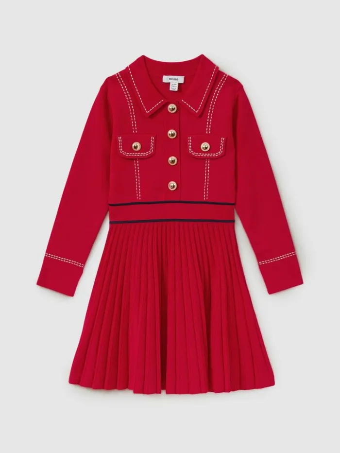 REISS Sweaters Children Knitted Contrast Stitch Dress Red