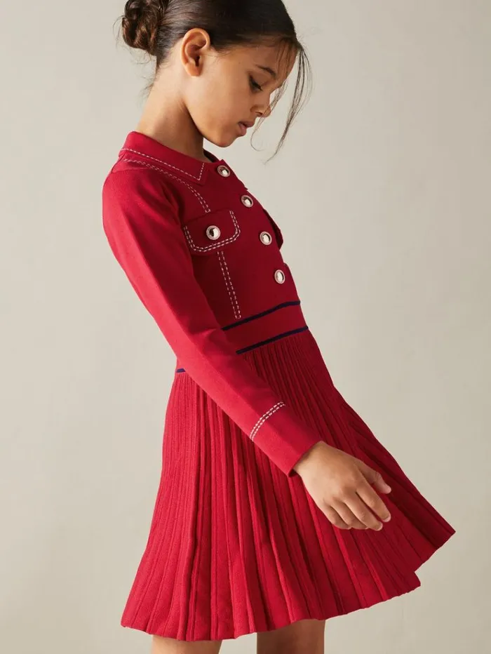 REISS Sweaters Children Knitted Contrast Stitch Dress Red