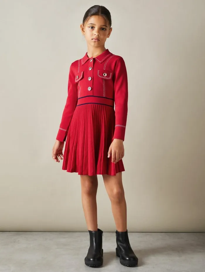 REISS Sweaters Children Knitted Contrast Stitch Dress Red