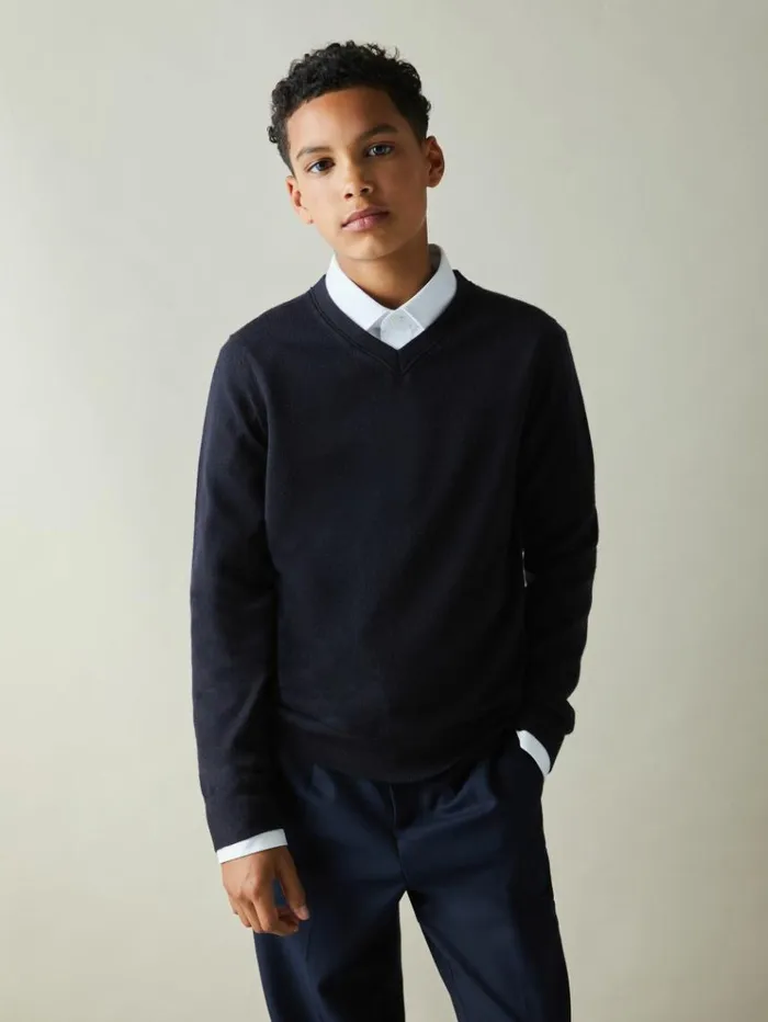 REISS Sweaters Children Merino Wool VNeck Jumper Navy